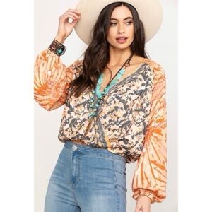 NEW Free People Cruisin Together Mixed Print V Neck Top, Sz L